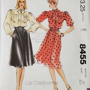 Vintage 80s McCalls Pattern 8455 Secretary Kitten Blouse Puff Sleeve Sz 10 Uncut